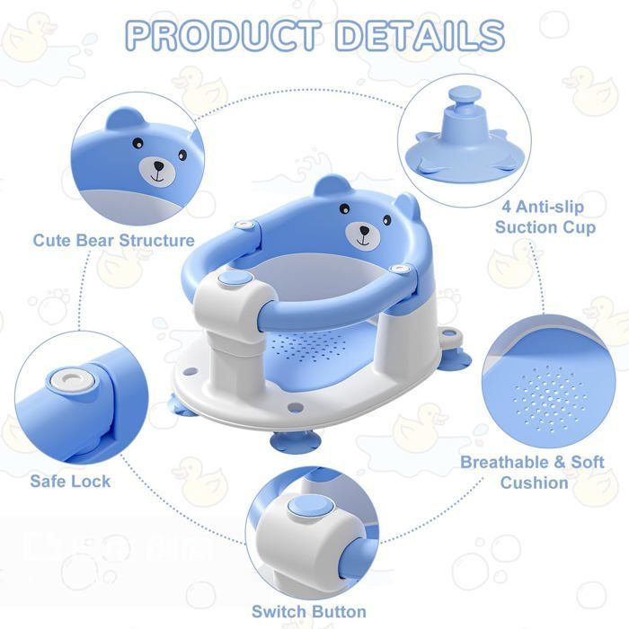 Asiento de baño para bebés de 6 meses en adelante, asiento de baño antideslizante con 4 ventosas y cojín, silla de baño, azul