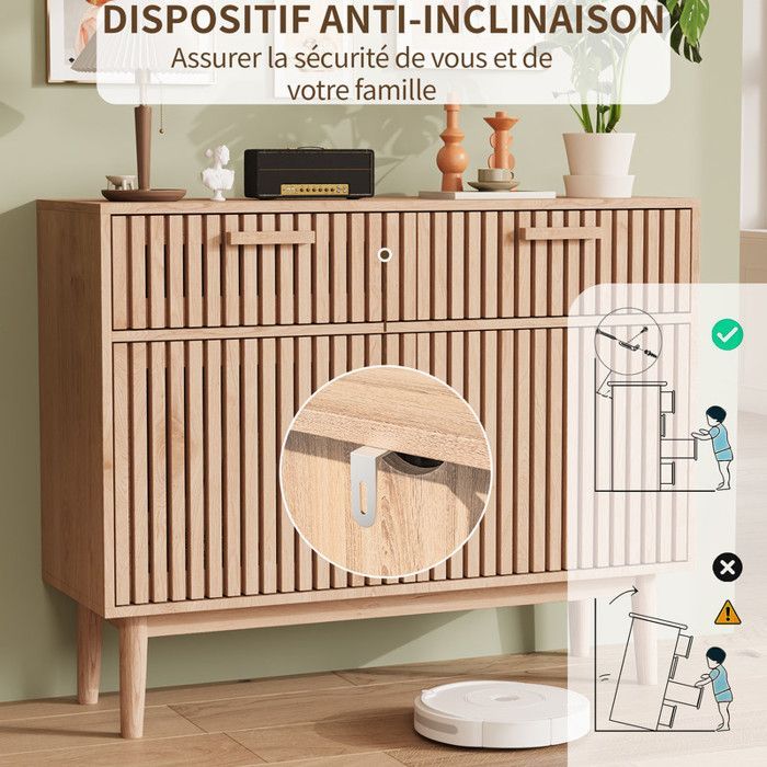 Buffet - Design Moderne - Bois Massif - 2 Portes - 2 Tiroirs - Sécurité Enfant