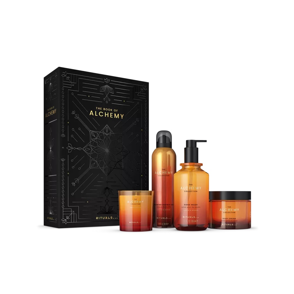 Set cadou Colecția Alchemy: cremă de corp 175 ml, gel de duș spumant 200 ml, săpun de mâini 300 ml, lumânare parfumată 140 g