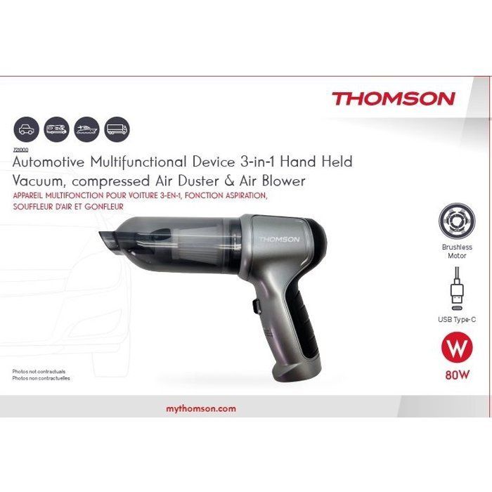 Aspiradora para coche - THOMSON - 3 en 1 - 80 W - 12000 Pa - 18 min de autonomía - Incluye 6 accesorios - Gris