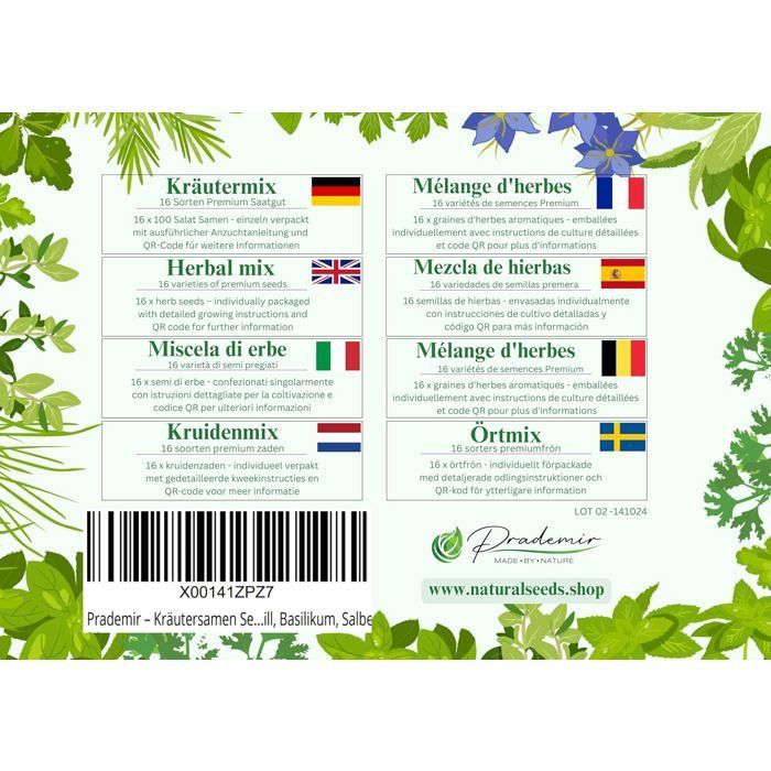 PRADEMIR Herb Seed Set - 16 Varieties of Aromatic Herbs - 100% Natural Seeds - Most Popular Varieties