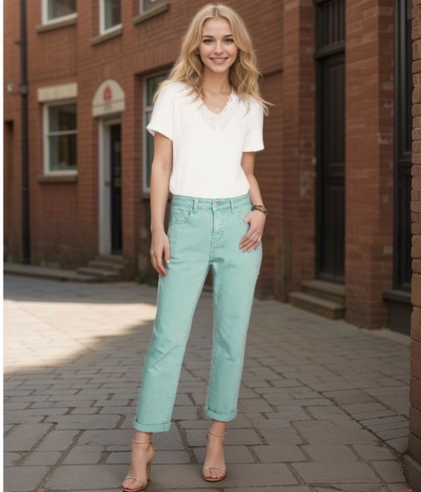 Vaqueros estilo mom para mujer, de talle alto, de algodón/lycra - Azul celadón