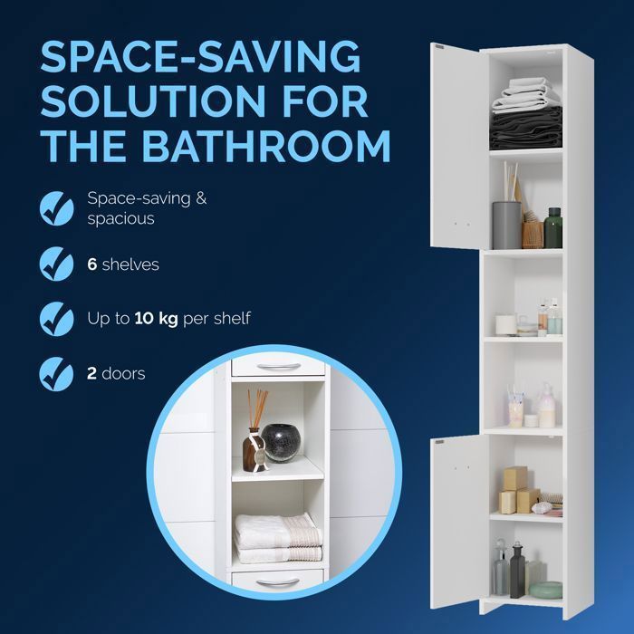 CASARIA® Colonne de salle de bain blanche Armoire de rangement 180x30x30cm Meuble haut de salle de bains Étagère 6 niveaux