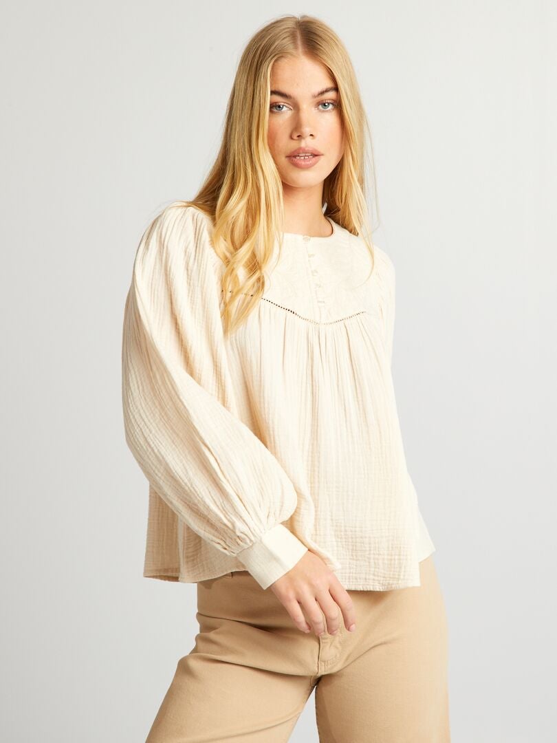 Blusa in garza di cotone con ricamo - BEIGE
