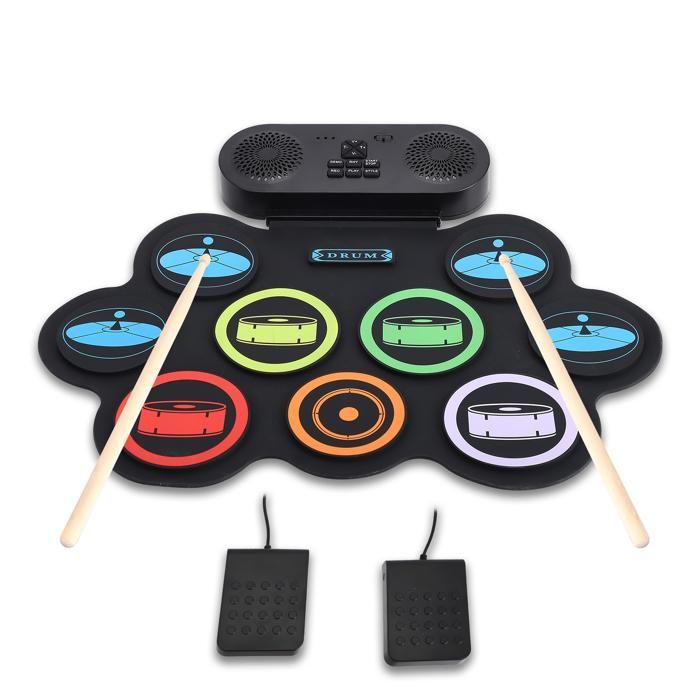 Batterie Electronique avec Midi, 2 haut-parleurs stéréo,Batterie rechargeable 1200 mAh Portable instrument de musique pour enfants