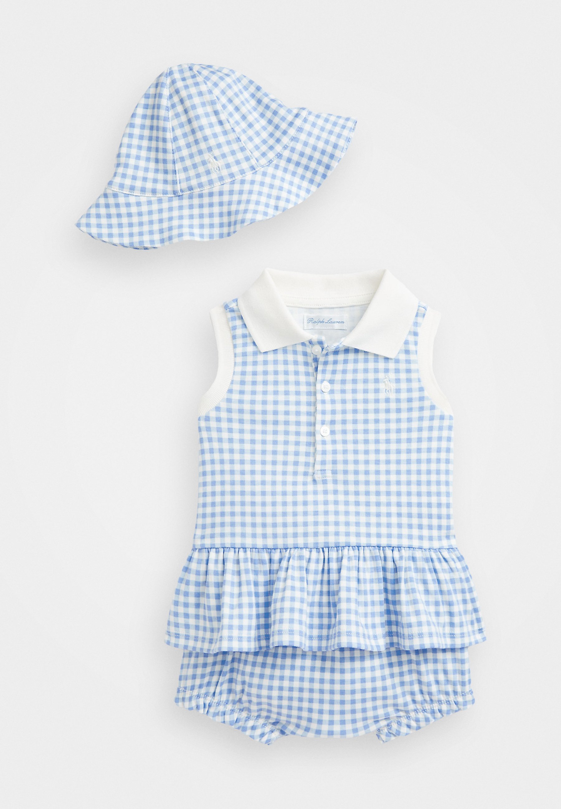 Ensemble 3 pièces Polo Ralph Lauren en coton vichy - Chapeau - bleu bébé