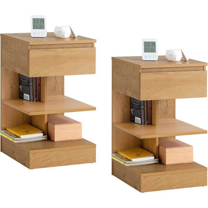Set of bedside tables - SOBUY - 1 drawer - 2 shelves - 39x39x65 cm - Light wood - Max load 35 kg - Easy assembly