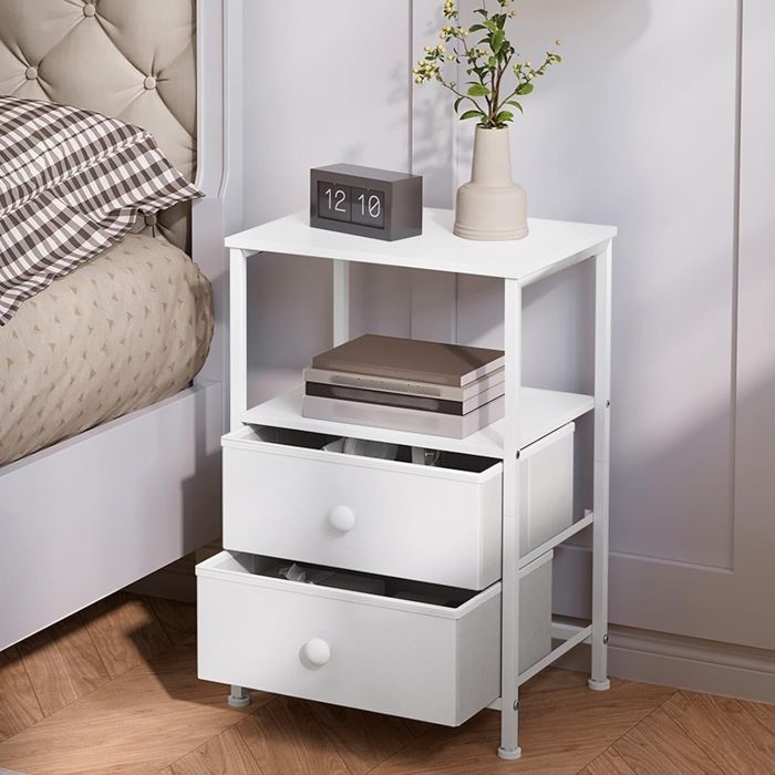 Mesita de noche EUGAD, 2 cajones de tela, mesa auxiliar moderna, madera y metal, blanca E0EG0072