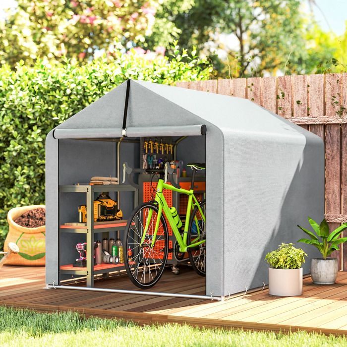 Tuinschuur - Outsunny - roldeur - gegalvaniseerd stalen frame - voor fietsen, motoren, hout, gereedschap - 162x221,5x163cm - lichtgrijs