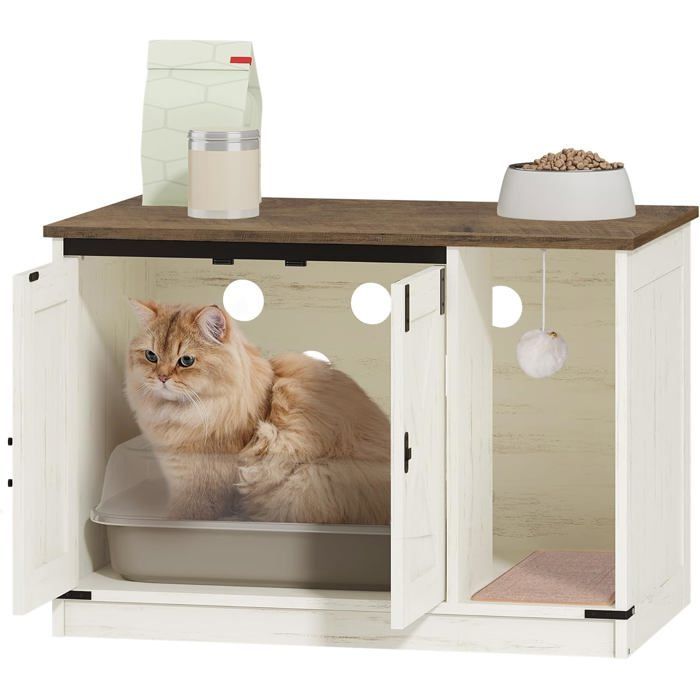 Arenero para gatos, unidad de arenero oculta con cascabel, casita para gatos de interior, color marrón rústico y blanco.