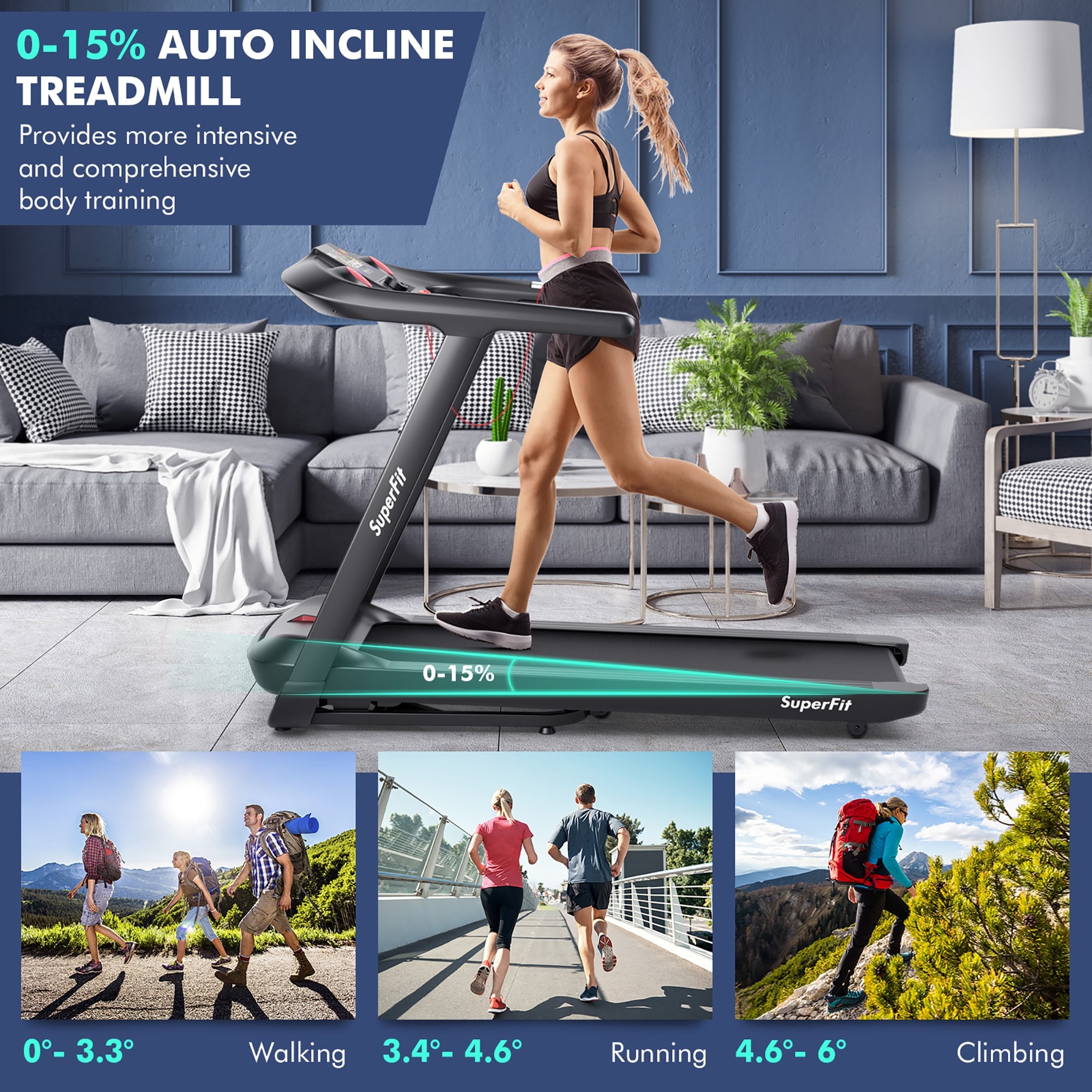SuperFit 4,75 PS Klappbares Laufband mit voreingestellten Programmen und Touchscreen – 64'' x 30'' x 45''