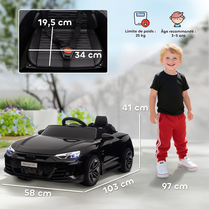 Coche eléctrico - HOMCOM - Audi RS E-tron GT de 12 V con licencia oficial para niños, mando a distancia con sonidos - PP - negro