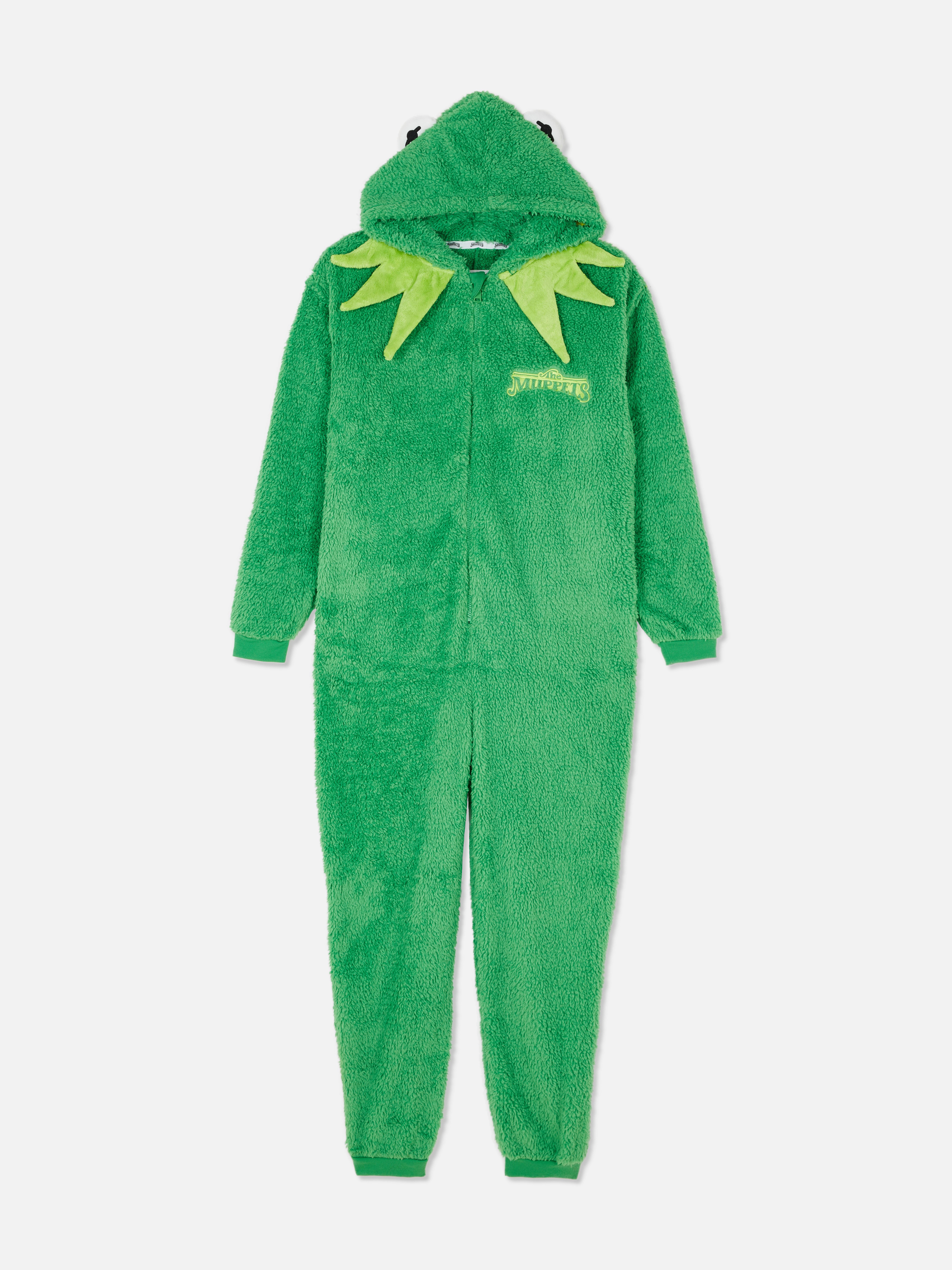 Salopetă din fleece pentru femei cu personajele Muppets, cu glugă, închidere cu fermoar și manșete cu nervuri.