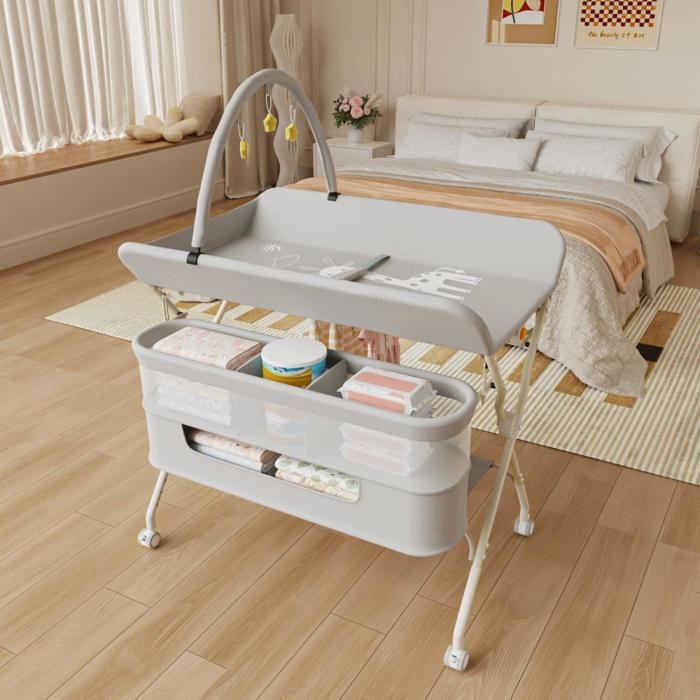 Cambiador regulable en altura - YIYI - Cesta de almacenamiento de doble compartimento - Gris - 80 x 73 x 86-94 cm