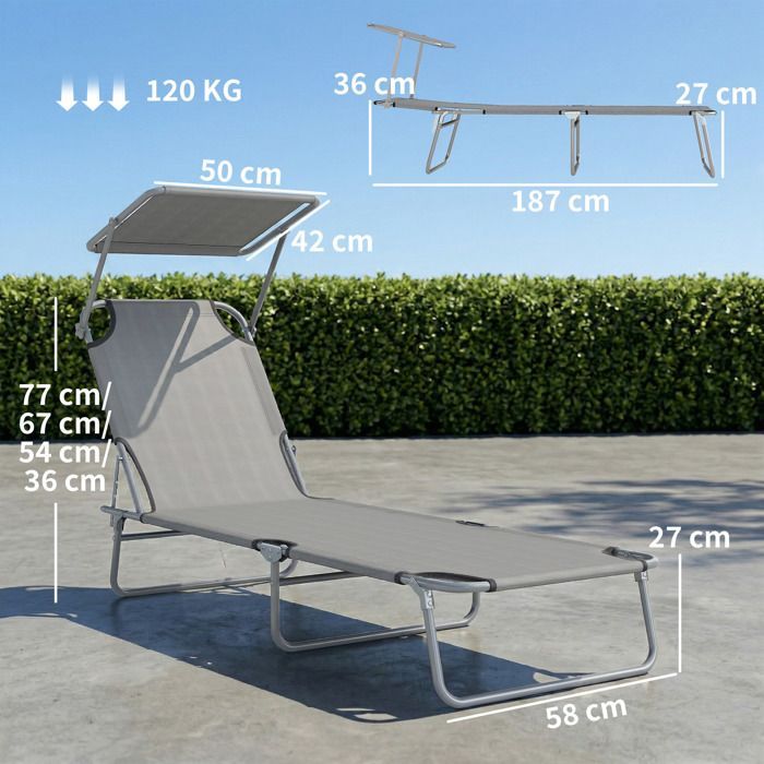 Lettino prendisole - Outsunny - pieghevole - schienale reclinabile in più posizioni - parasole regolabile - 187 x 58 x 36 cm - grigio chiaro