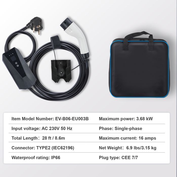 Caricabatterie portatile per veicoli elettrici Duoku Tipo 2 - 16A 3,7kW - Caricabatterie per veicoli elettrici - Cavo da 8,5 metri - Spina CEE 7/7