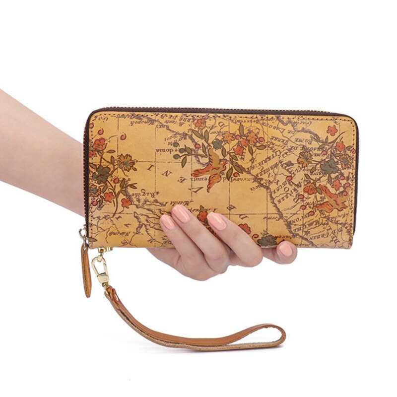 Portefeuille vintage pour femme, long, en cuir véritable, avec poignée à fermoir, pochette pour téléphone et cartes, de haute qualité.