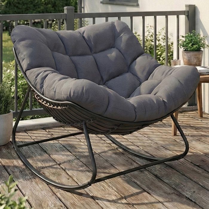 IDMARKET Fauteuil de jardin à bascule LOA effet rotin gris avec coussin gris