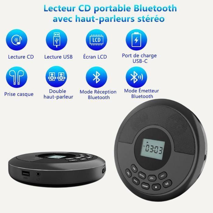 Svart bærbar CD-spiller med Bluetooth - innebygde høyttalere, USB, 1500 mAh batteri, støtsikker, HiFi, kompakt - 145 x 145 x 30 mm