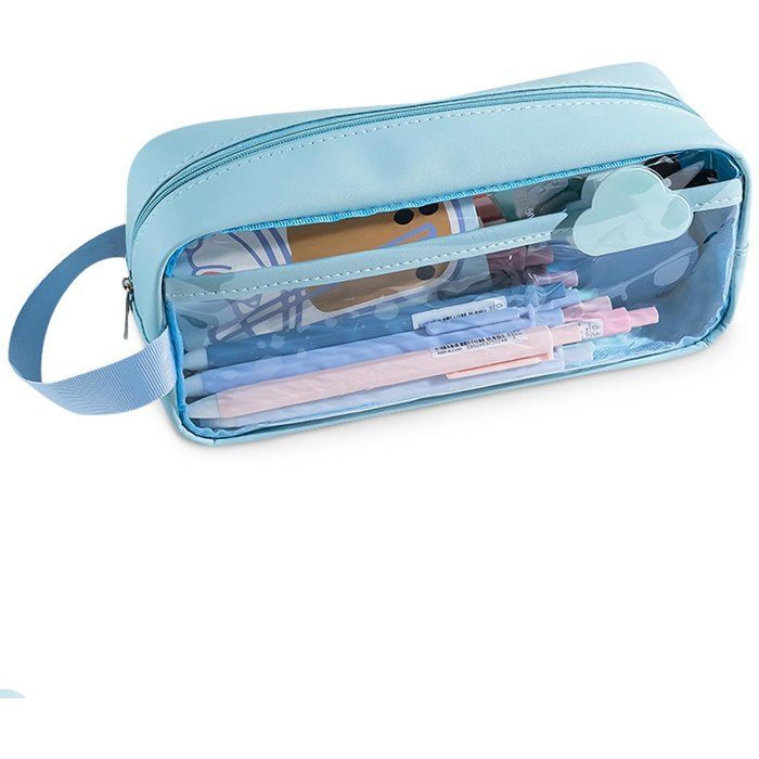 Transparant etui - Blauw etui - Groot formaat (21 x 9 x 7 cm) - Voor school, jongens, meisjes en volwassenen