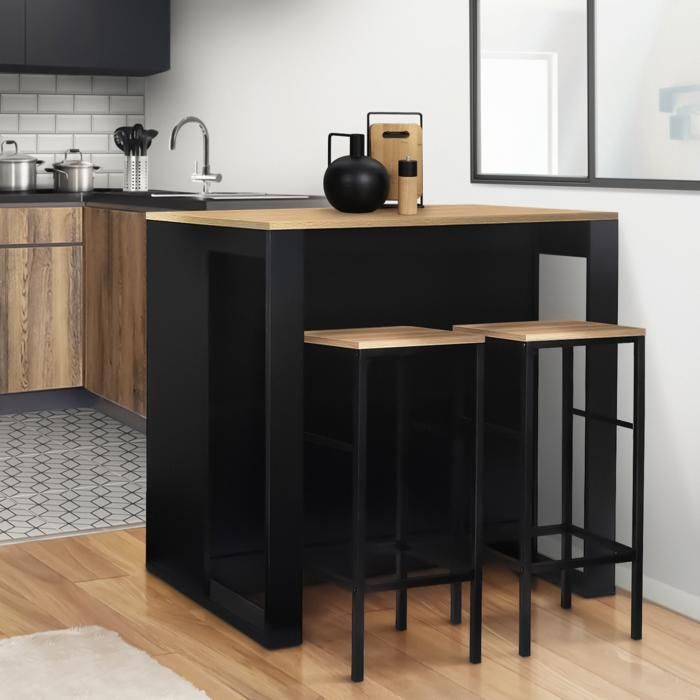 Mesa de bar isla IDMARKET JUNO en madera negra con tablero efecto haya