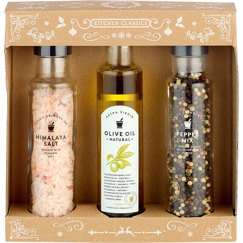 Set regalo Kryddhuset composto da 3 pezzi: sale, pepe, olio d'oliva