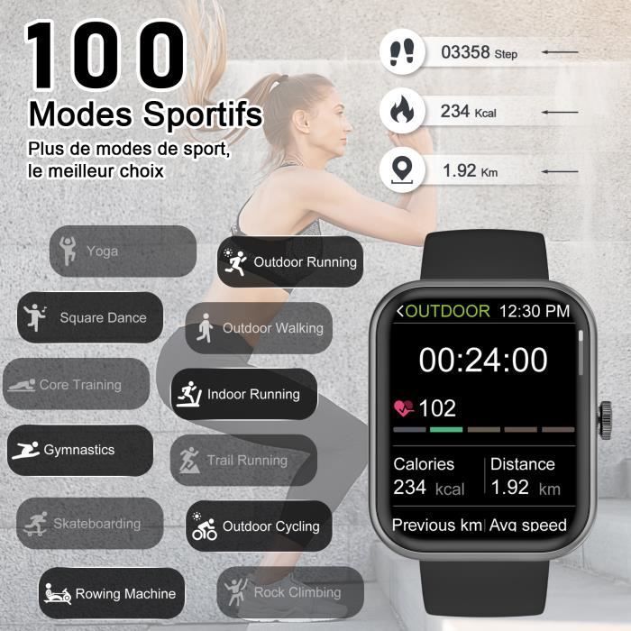 IOWODO Smartwatch voor dames en heren, multifunctionele waterdichte Bluetooth-activiteitstracker voor Android en iOS, zwart