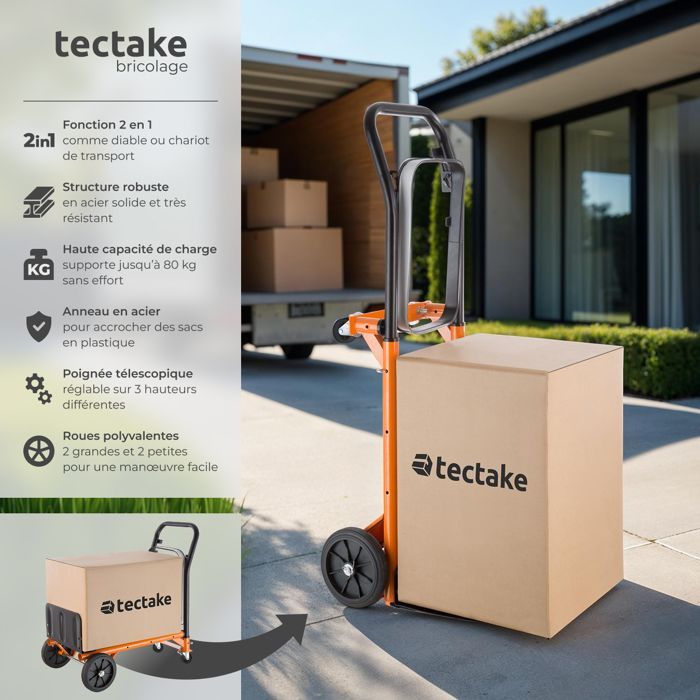 Sackkarre – TECTAKE – 2-in-1-Wagen mit Stahlring und Gummiband zur Taschensicherung, 80 kg Tragkraft – Orange