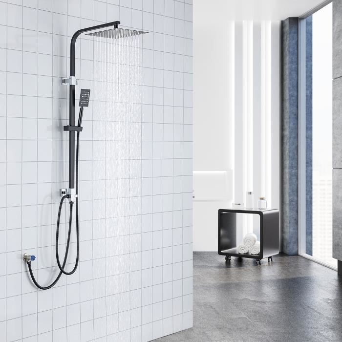 Columna de ducha de acero inoxidable negro con 2 funciones, conjunto de ducha con cabezal de ducha de 10 pulgadas, altura ajustable de 69 a 113 cm.