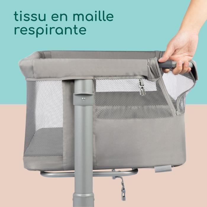 Lettino pieghevole e co-sleeping BEBECONFORT Zina, 0-6 mesi (0-9 kg), 5 posizioni di altezza regolabili, materasso reclinabile, grigio minerale.