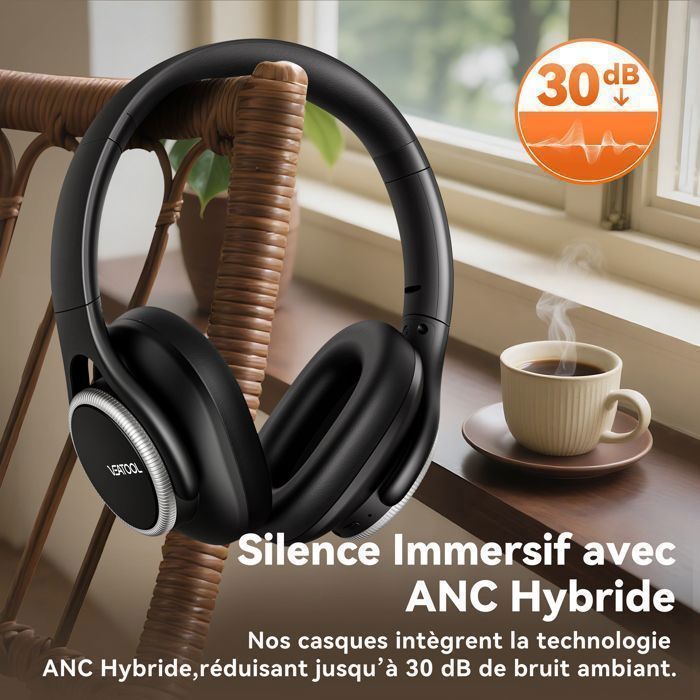 VEAOOL Kabellose Bluetooth-Kopfhörer mit Hybrid-Geräuschunterdrückung und ANC, faltbar, 55 Stunden Akkulaufzeit, Bluetooth 5.4, AUX-Anschluss