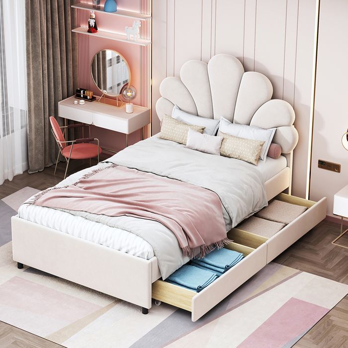 Children's bed 90x200 cm Single bed with 2 storage compartments Beige velvet guest bed