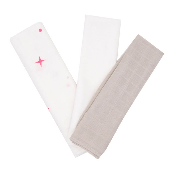BABYCALIN Set di 3 quadrati di mussola con motivo a stelle - Grigio e bianco - 70 x 70 cm