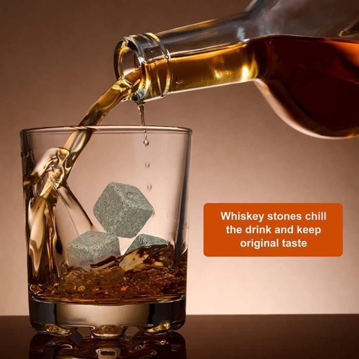 6PCS Pierres à whisky WOVTE, Pierres de refroidissement de whisky en granit naturel et boîte en bois élégante, glaçons