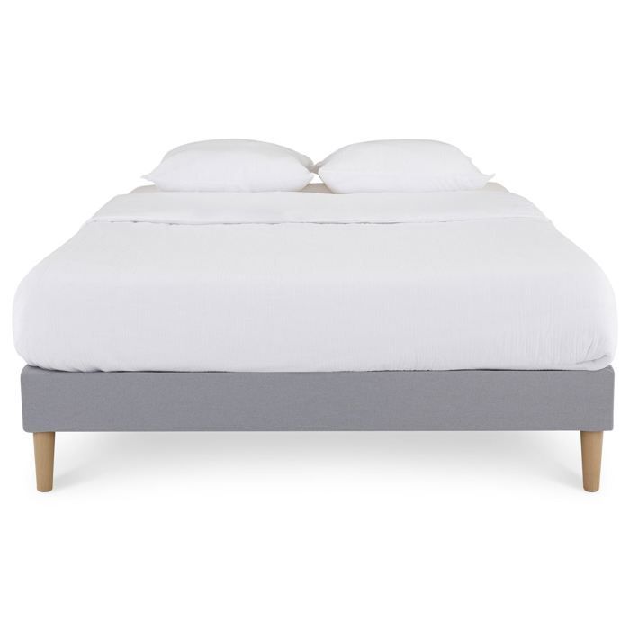 Base de cama tapizada VANNES de 120 x 190 cm, estructura de madera y revestimiento de tela gris, estructura de cama con patas y somier de láminas.