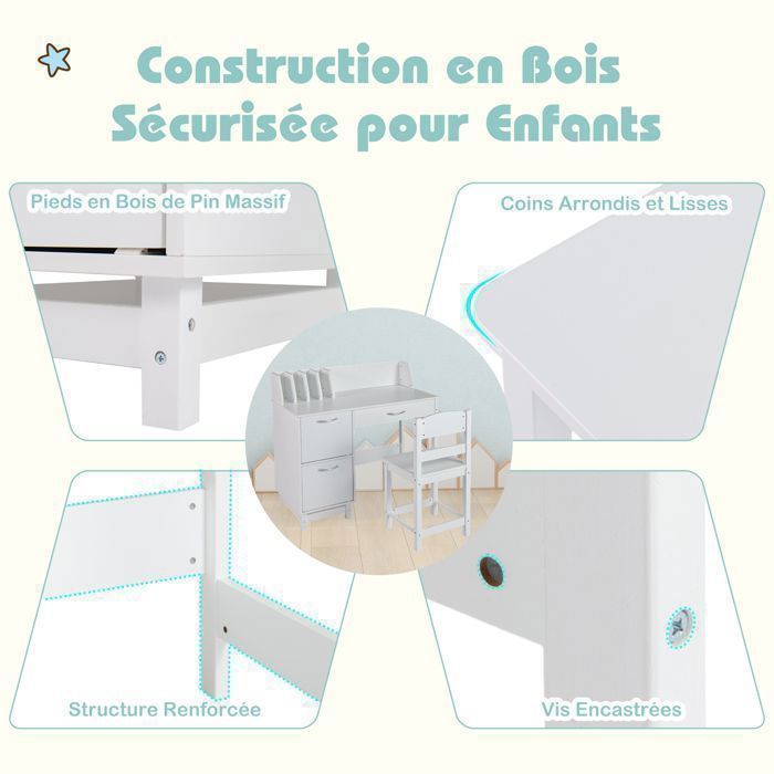 Escritorio infantil GOPLUS con silla - 90x45x81CM - 1 cajón deslizante + 2 puertas + estante superior - Blanco