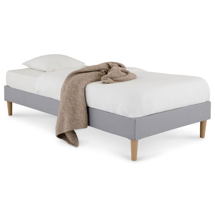 Base de cama tapizada PAIMPOL de 90 x 190 cm, estructura de madera y revestimiento de tela gris, estructura de cama con patas.