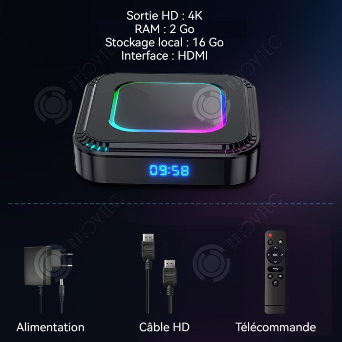 Decodificador INN de 2 GB + 16 GB con Wi-Fi dual y reproductor Bluetooth, incluye luces RGB, salida 4K Ultra HD y Android 13.