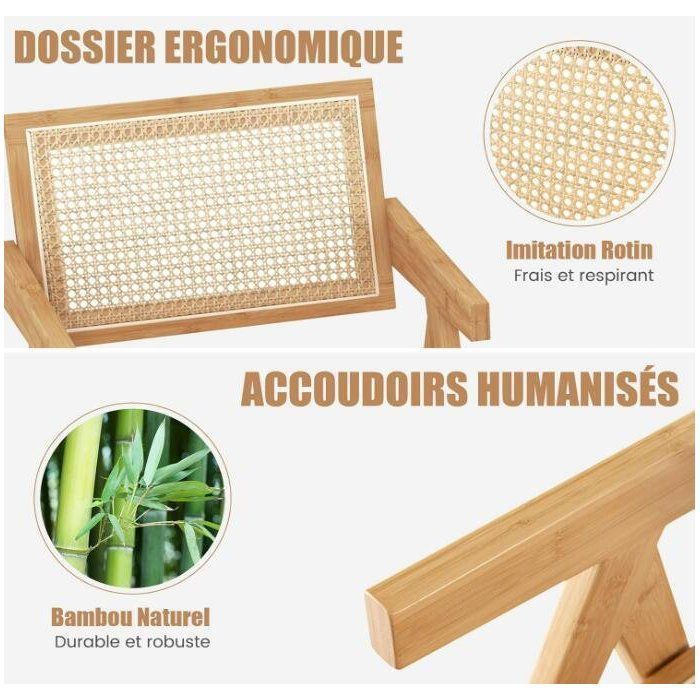 RELAX4LIFE 2er-Set Esszimmerstühle mit Armlehnen, Bambus-Loungesessel mit Rattan-Rückenlehne, Natur