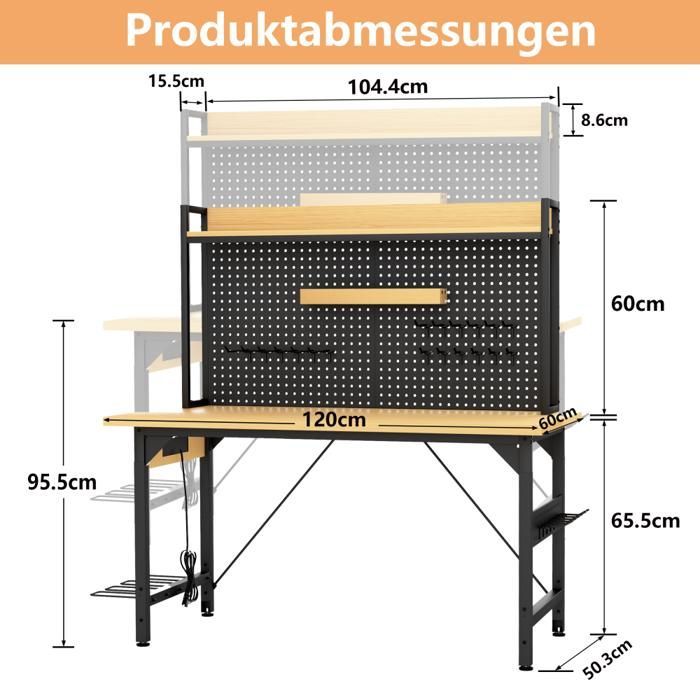 Banco de trabajo/taller de 120x60x155,5 cm, robusto, con ruedas, panel perforado, alimentación CA/USB, capacidad de 700 kg, para garaje/taller, color negro natural.