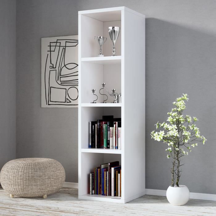 White bookcase shelf, 106 x 30 x 30 cm, with 4 interior compartments.