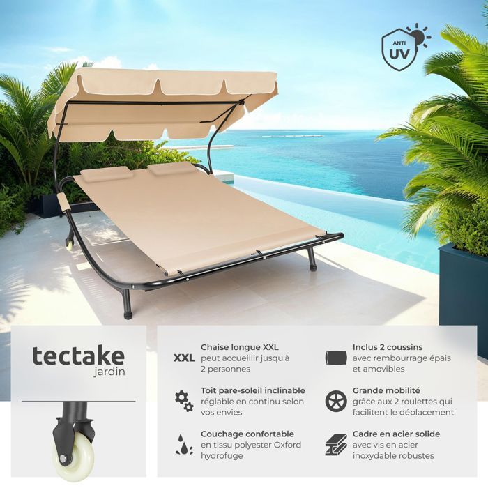 Bain de soleil - TECTAKE - Transat double en acier LIVORNO pour 2 personnes pare-soleil réglable 185 x 195 x 142-175 cm - Noir/Beige