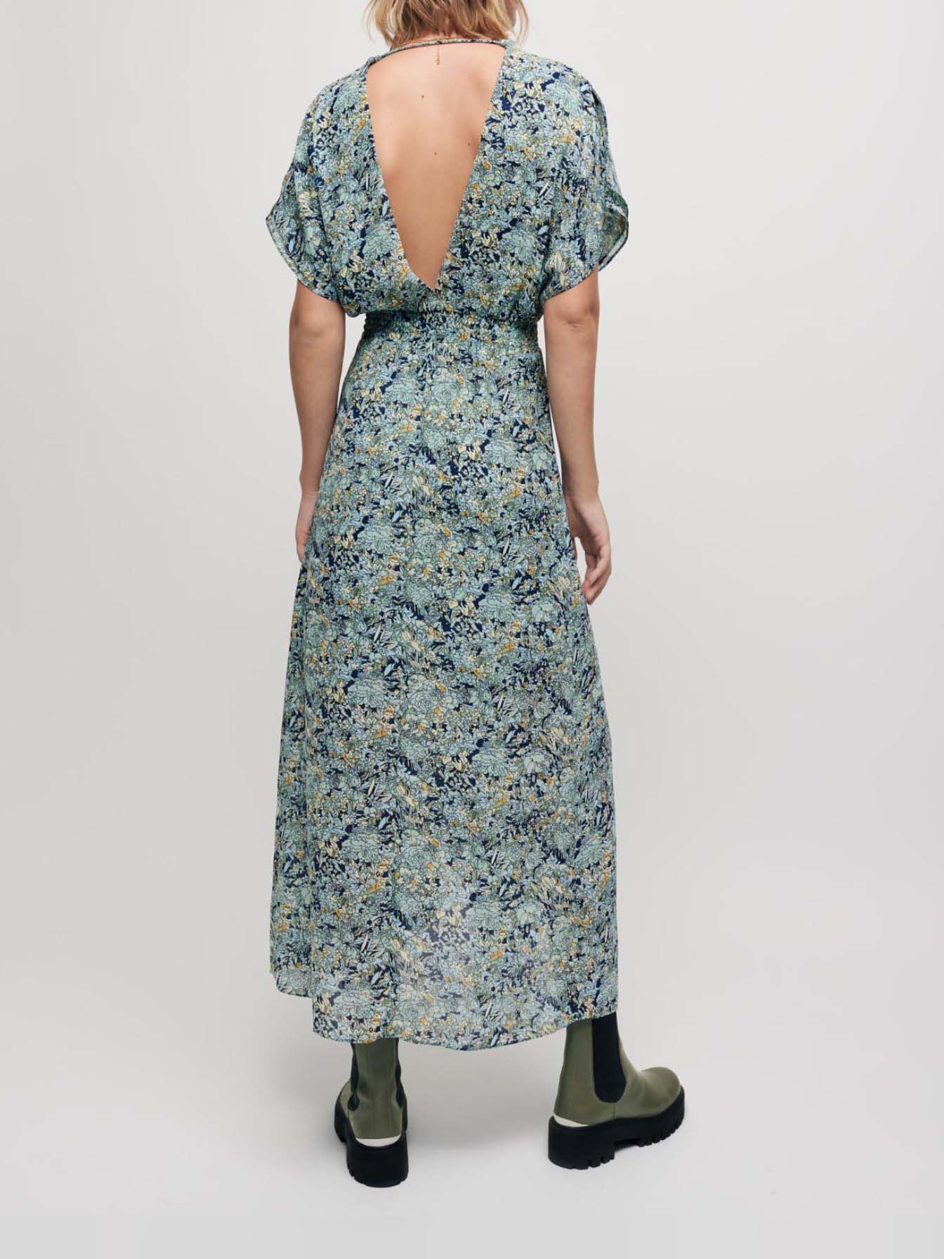 Jurk van bedrukte mousseline met zakdoekmotief - Bouquet Celadon