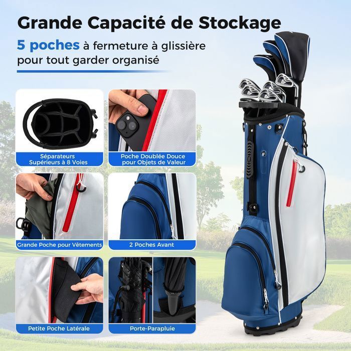 Bolsa de golf trípode para hombre COSTWAY, juego de 9 palos de golf con 3 fundas, correas ajustables y cabezas de palo lastradas.