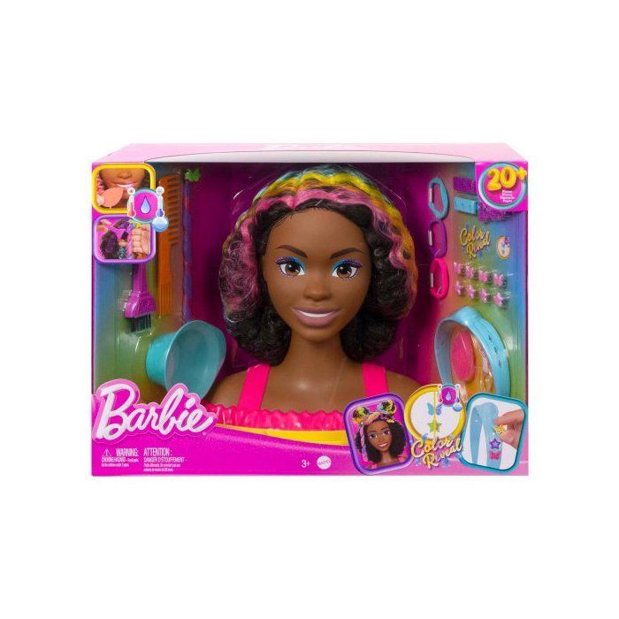 Grote zwarte stylingkop van gemengde afkomst met regenboogaccenten - 22 Barbie-accessoires met kleurverloop - Speelgoedset