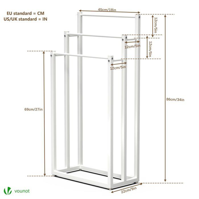 Suporte de toalhas de chão VOUNOT® - Suporte de 3 níveis - Metal - Branco