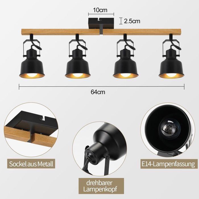 Plafoniera - NETTLIFE - Faretto a 4 fiamme - Nero - Orientabile a 350° - Attacco E14, Max 25W