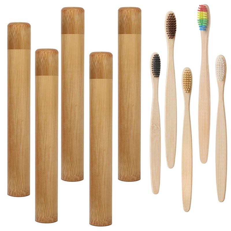 Kit de brosses à dents pour adultes à poils souples en bambou avec étui, support en bois recyclable et écologique, peigne et coton-tige.