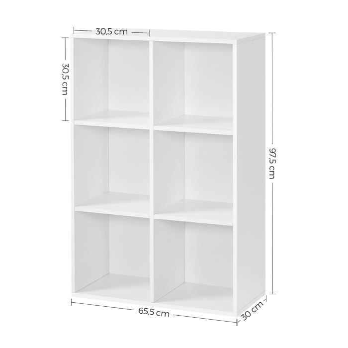 Mobile contenitore con libreria a 6 ripiani, dimensioni 65,5 x 30,5 x 97,5 cm (L x P x A), portata massima 30 kg, colore bianco, modello LBC203D VASAGLE.