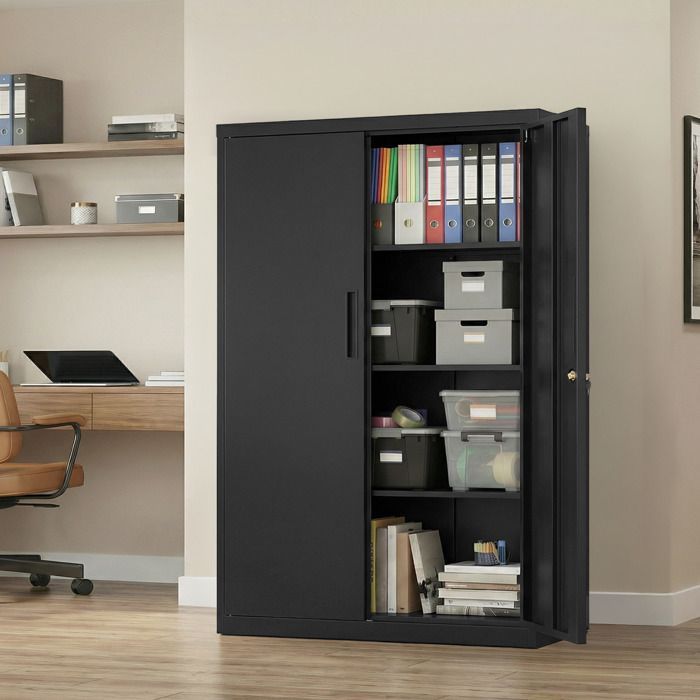 Armario de oficina de acero de 2 puertas con cerradura y estantes ajustables, unidad de almacenamiento para oficina, 80 x 40 x 140 cm, negro.